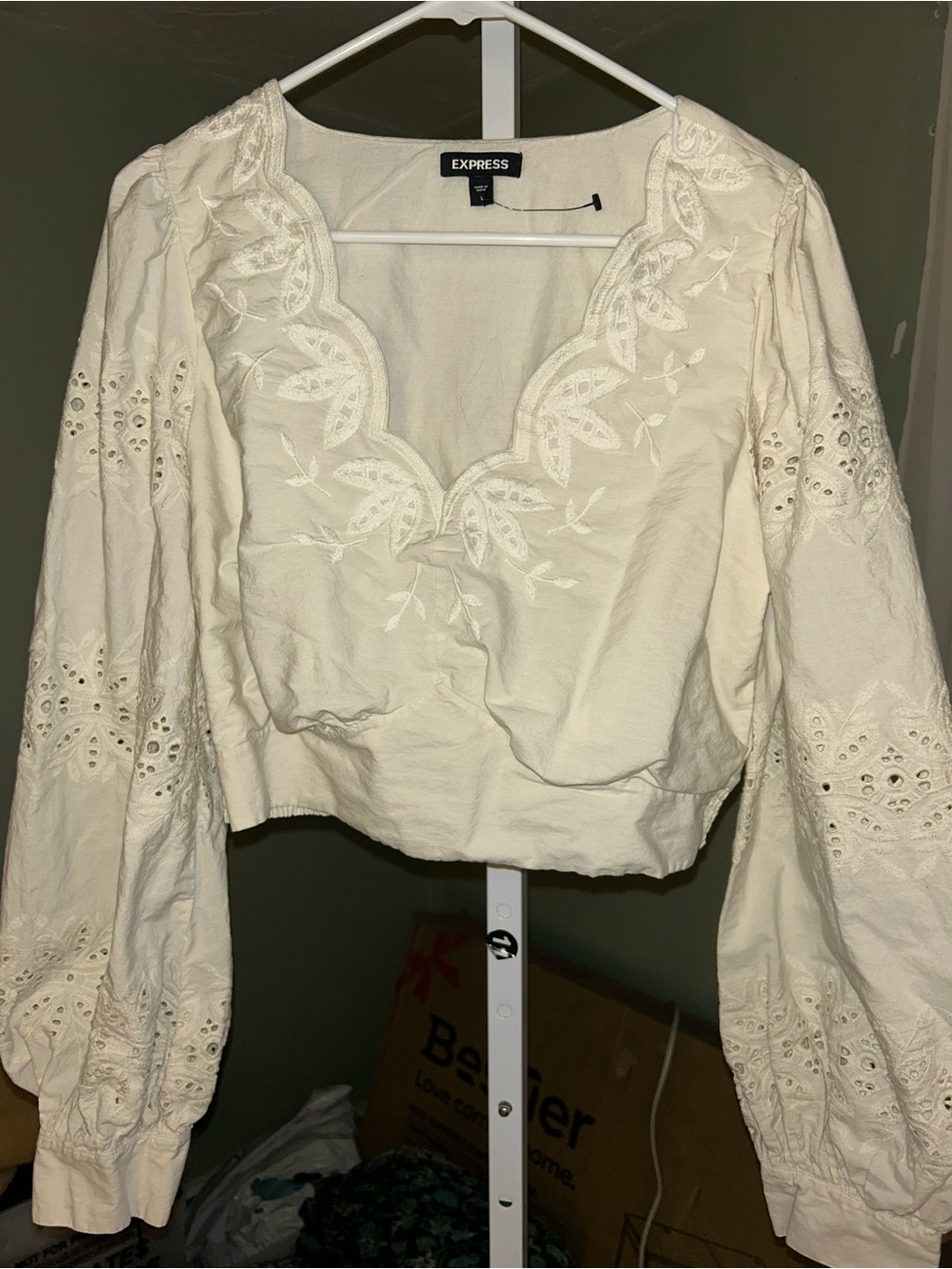 Express Cream Embroidered Scallop V-Neck cropped shirt